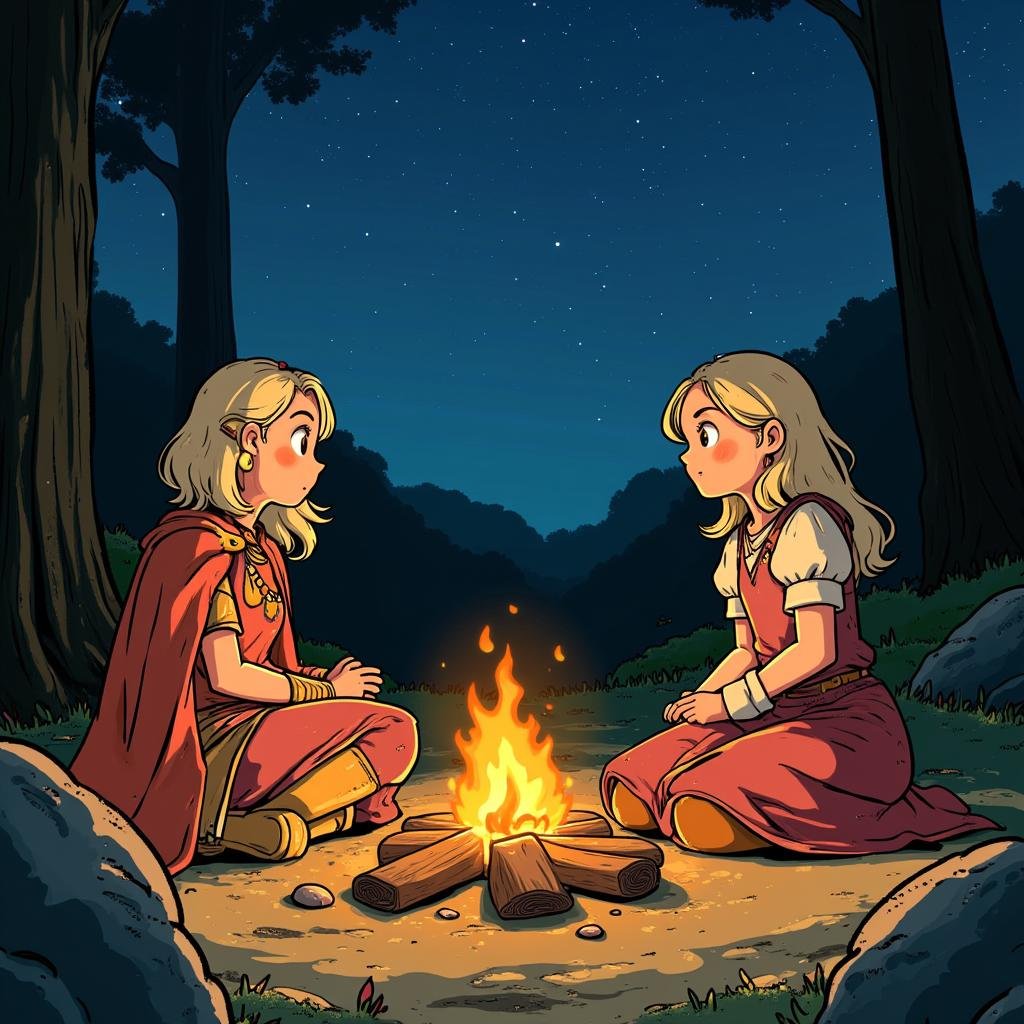 a comic strip of two female heroes  one is mage and one is a warrior is sitting around a campfire talking